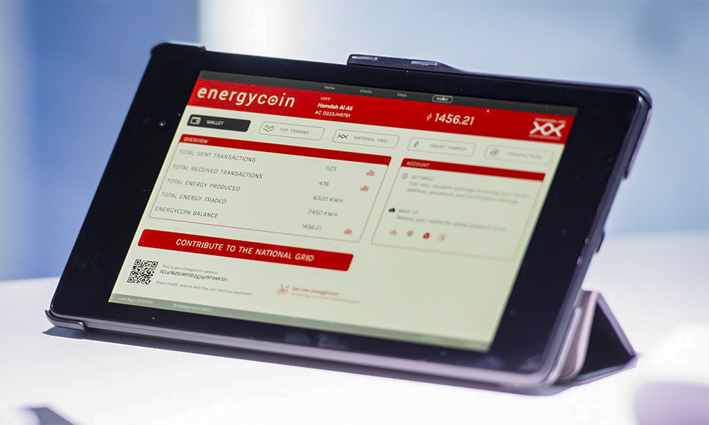 Energycoin のウォレット画面。kWh と National Grid への拠出ボタン