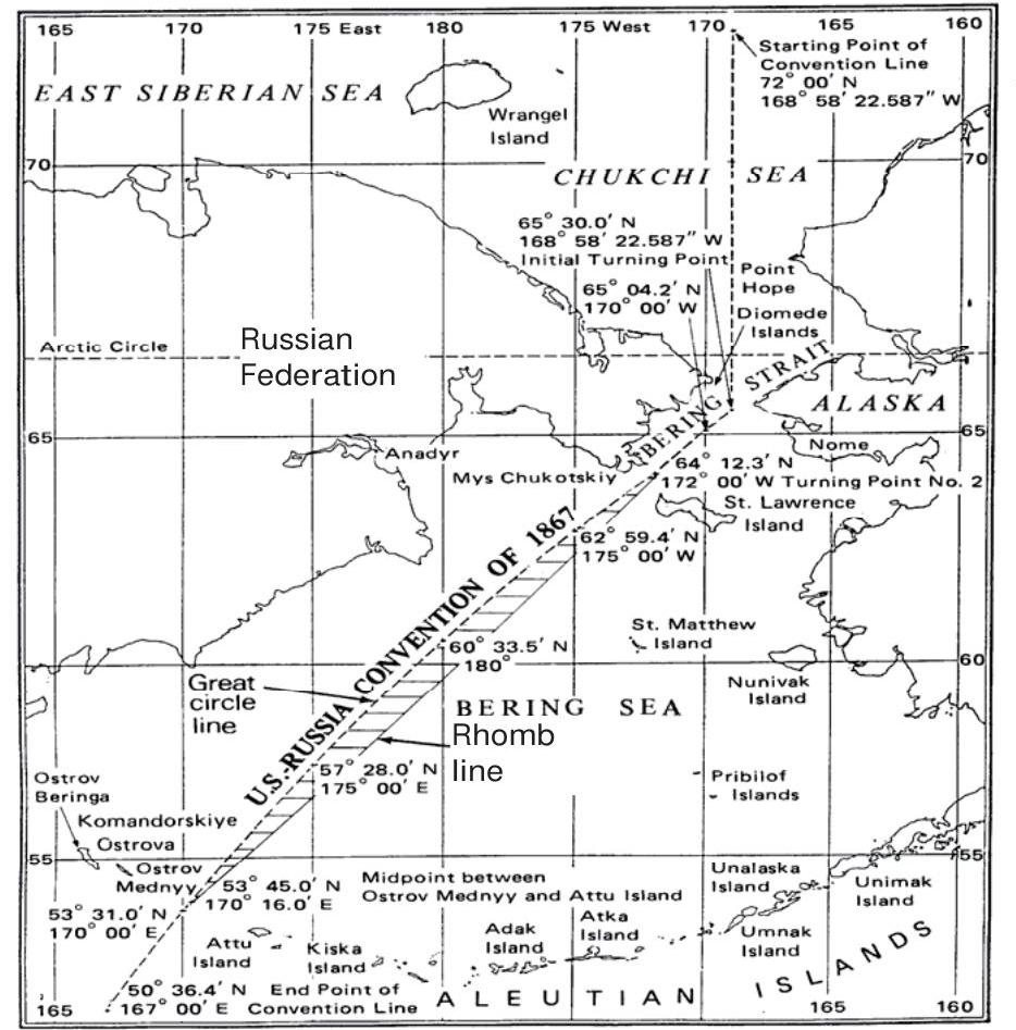 図中に2種類の直線。Great circle line = Geodetic line(測地線)、Rhumb line = 航海線(方位一定線)